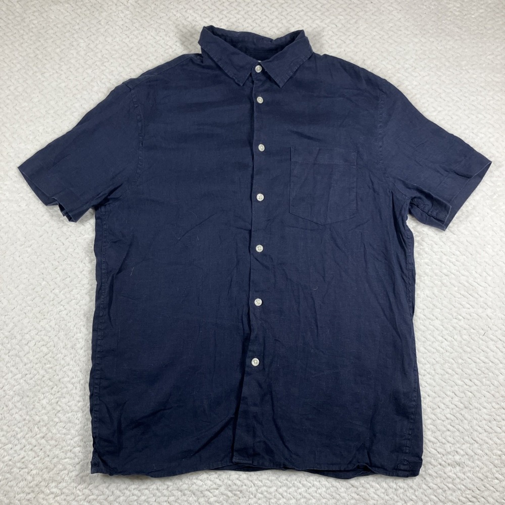 Celio Men's 100% Linen Button Down Shirt Navy Med Lightweight Breathable
